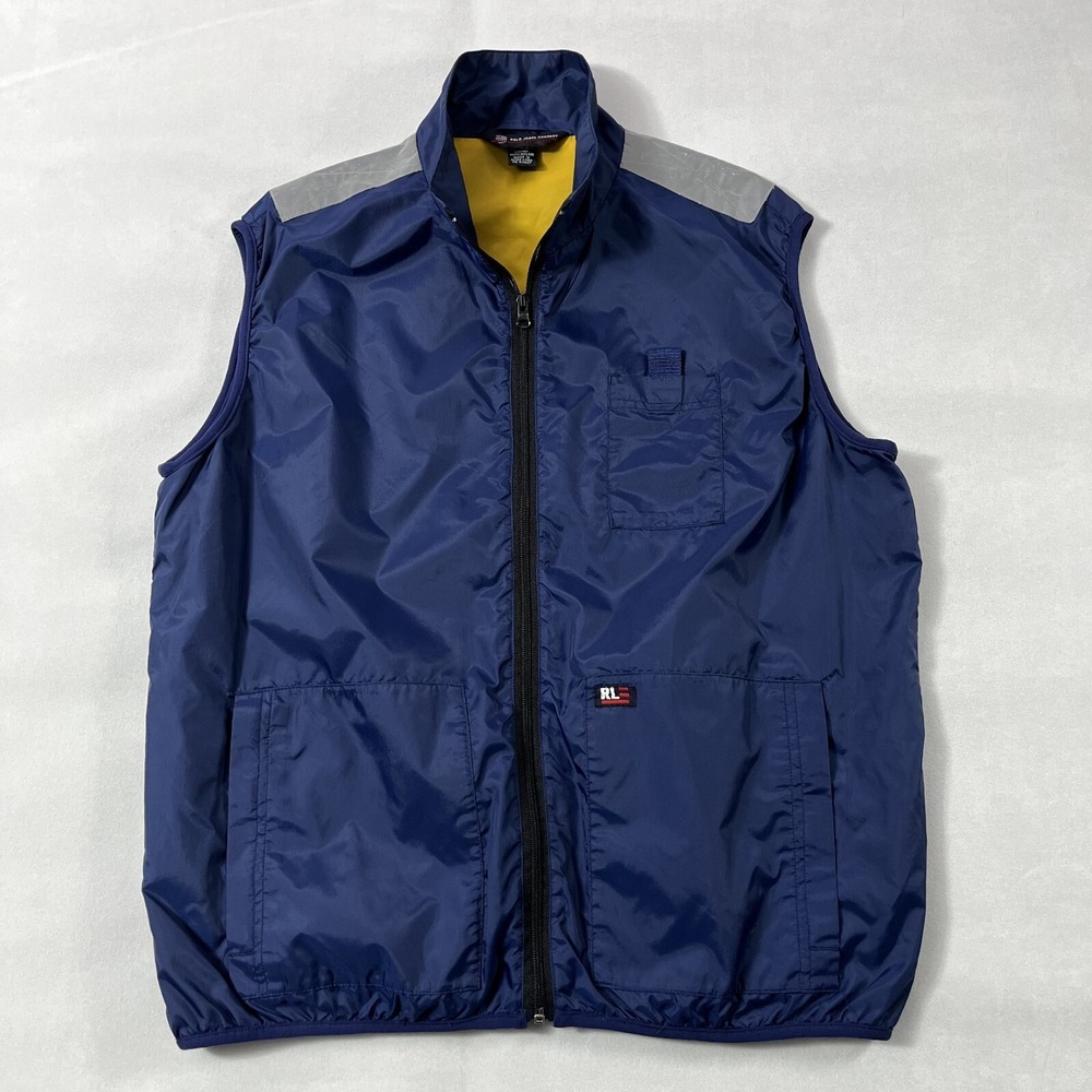 Ralph Laure Polo Jeans Co Vest Men Large Blue Nylon Full Zip Pockets Windbreaker